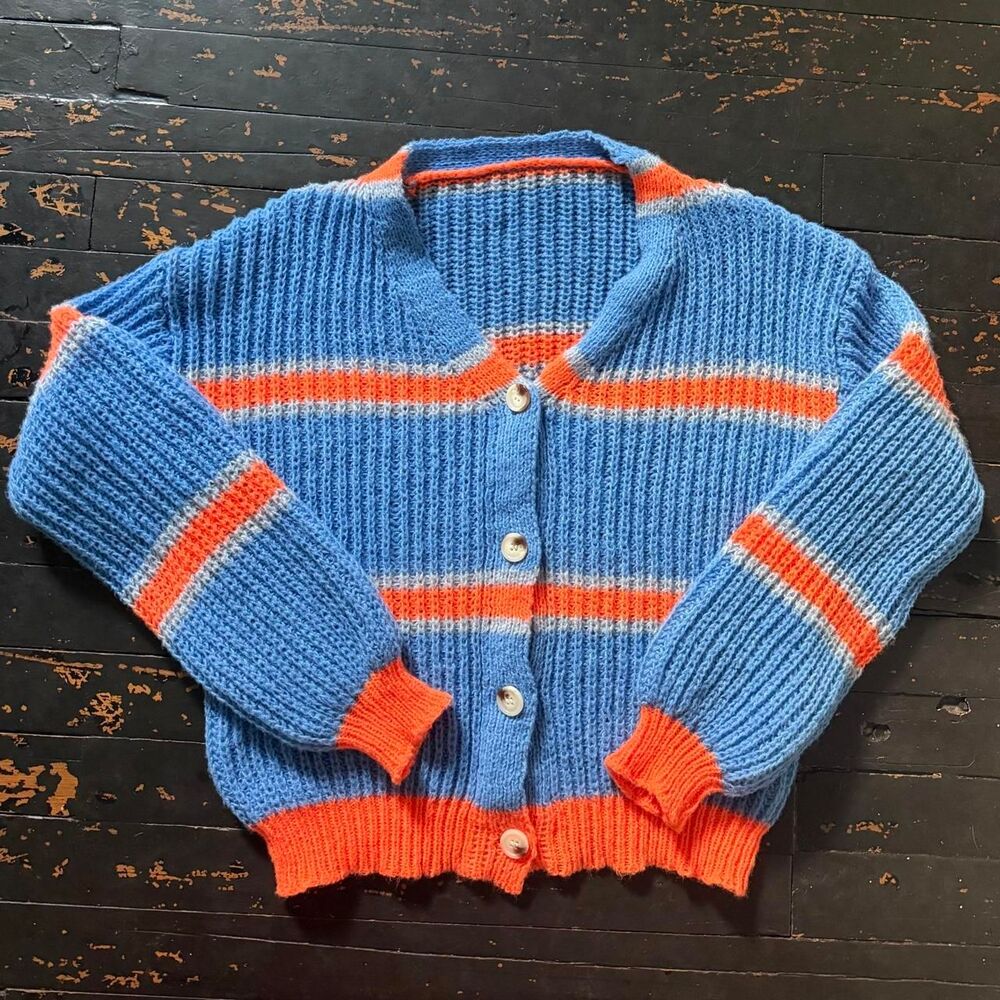 Blue and orange striped knit chunky cardigan